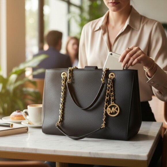 Michael Kors Susannah Black Saffiano Leather Structured Satchel Tote - Picture 1 of 12